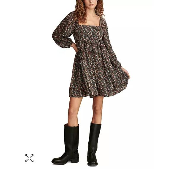 LUCKY BRAND Floral Printed Square-Neck Long-Sleeve Mini Dress Size L - Picture 13 of 14